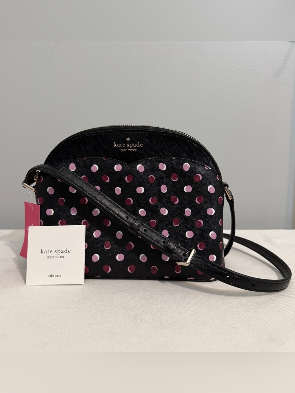 kate spade fiesta dot black leather crossbody pink purple polka dots